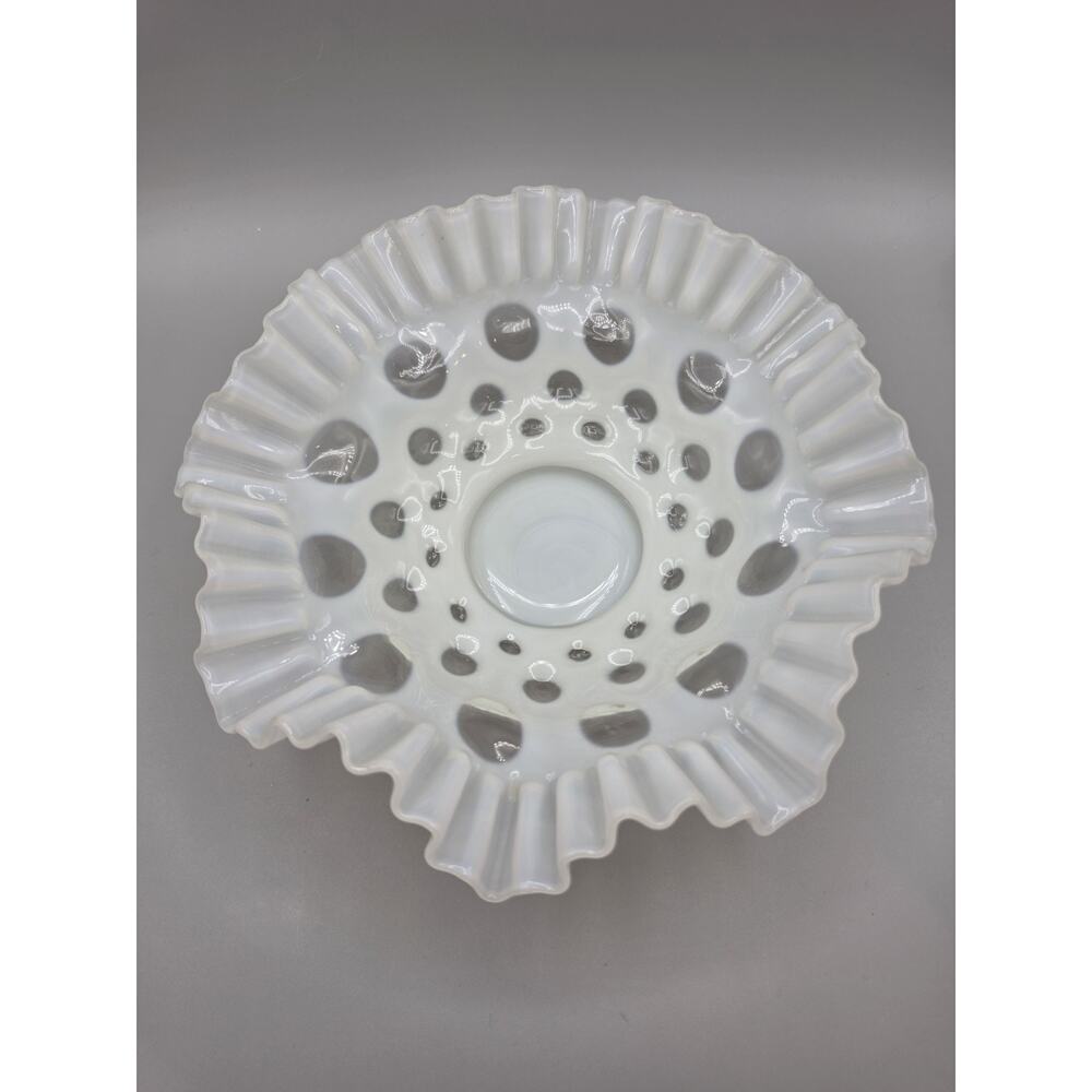 Vintage Fenton 10” Coin Dot White Glass Opalescent Crimped Edge Console Bowl